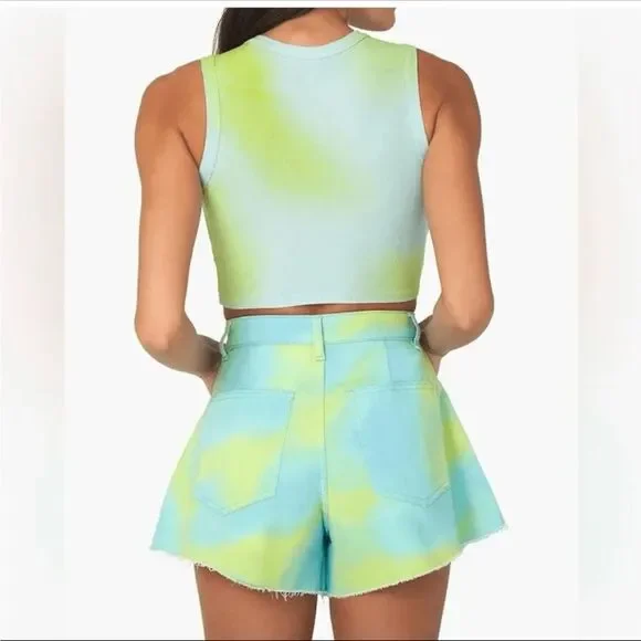 NWT WeWoreWhat Tie Dye Stretch Twill Denim Flare Bell Shorts - Picture 1 of 6